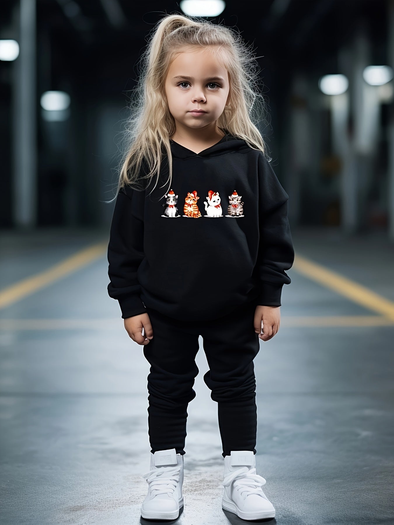 Girls Cartoon Cats Hooded Sweatshirt & Sweatpants Set Kids Clothes