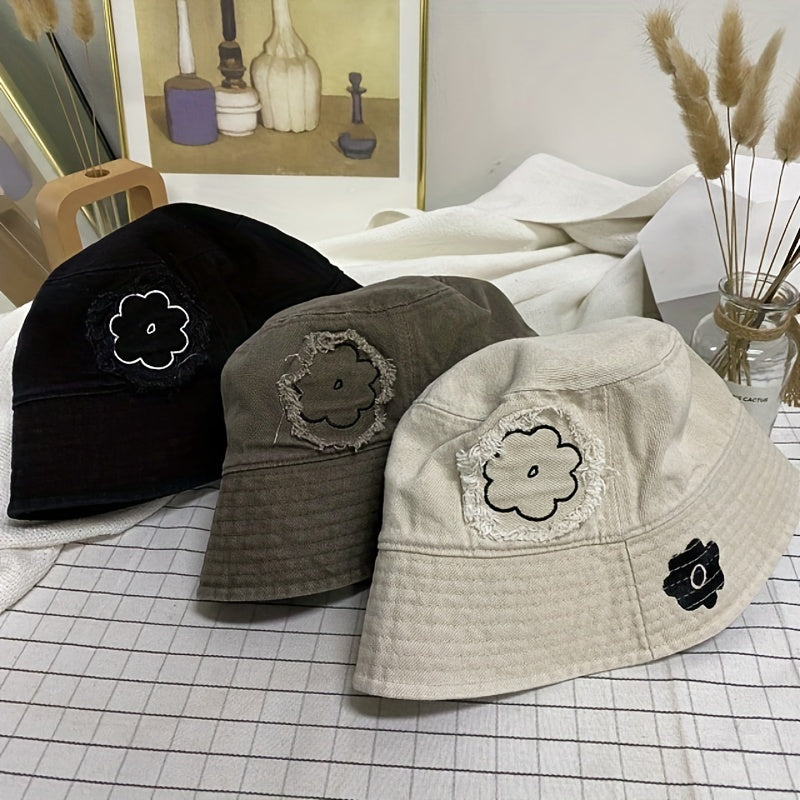 Flower Print Patch Bucket Hat Outdoor Sunscreen Fisherman Cap For Women