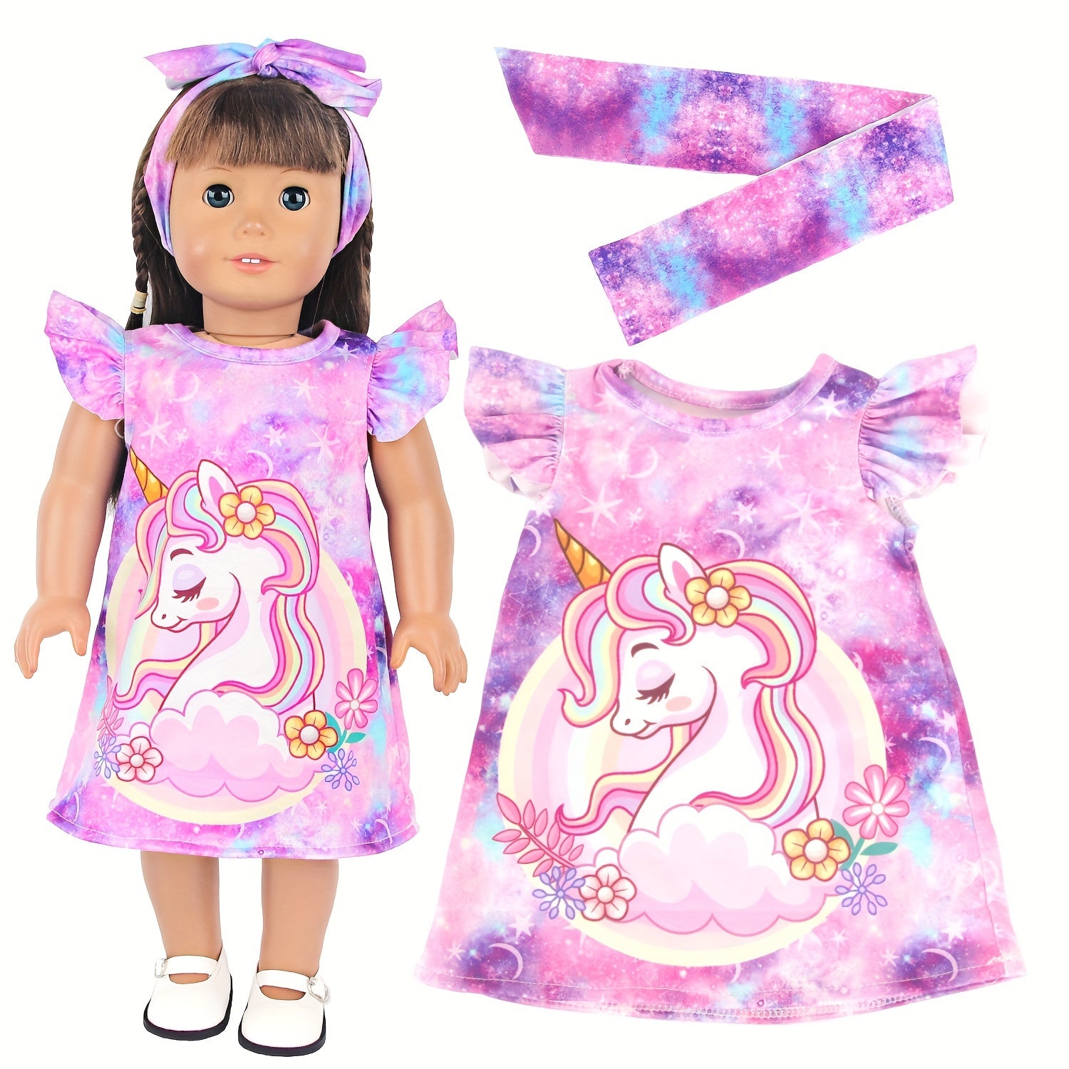 18" Doll Unicorn Flying Sleeve Skirt Headband Nightgown