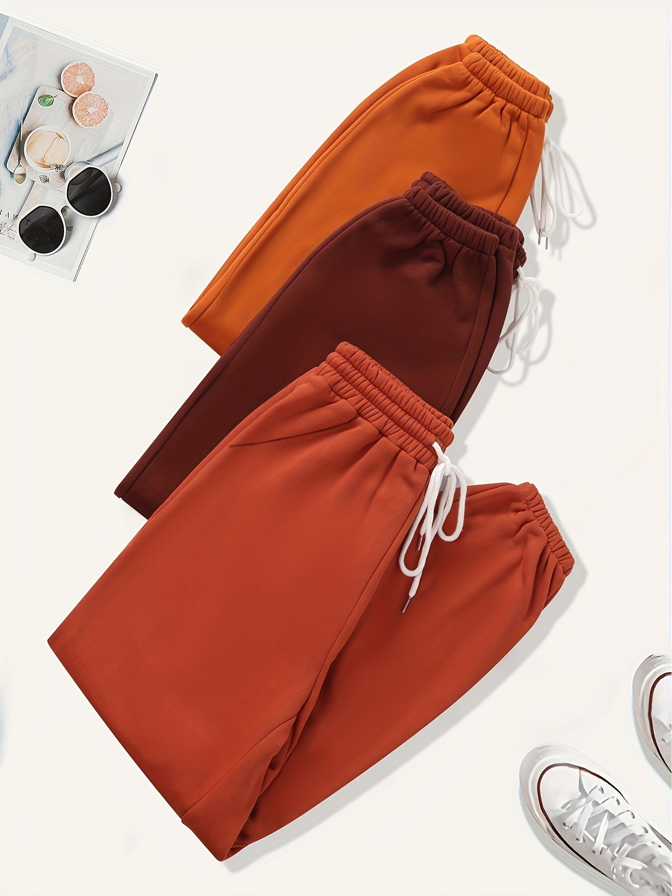 3 Pack Plus Size Basic Pants Women's Plus Solid Elastic Drawstring Hig...