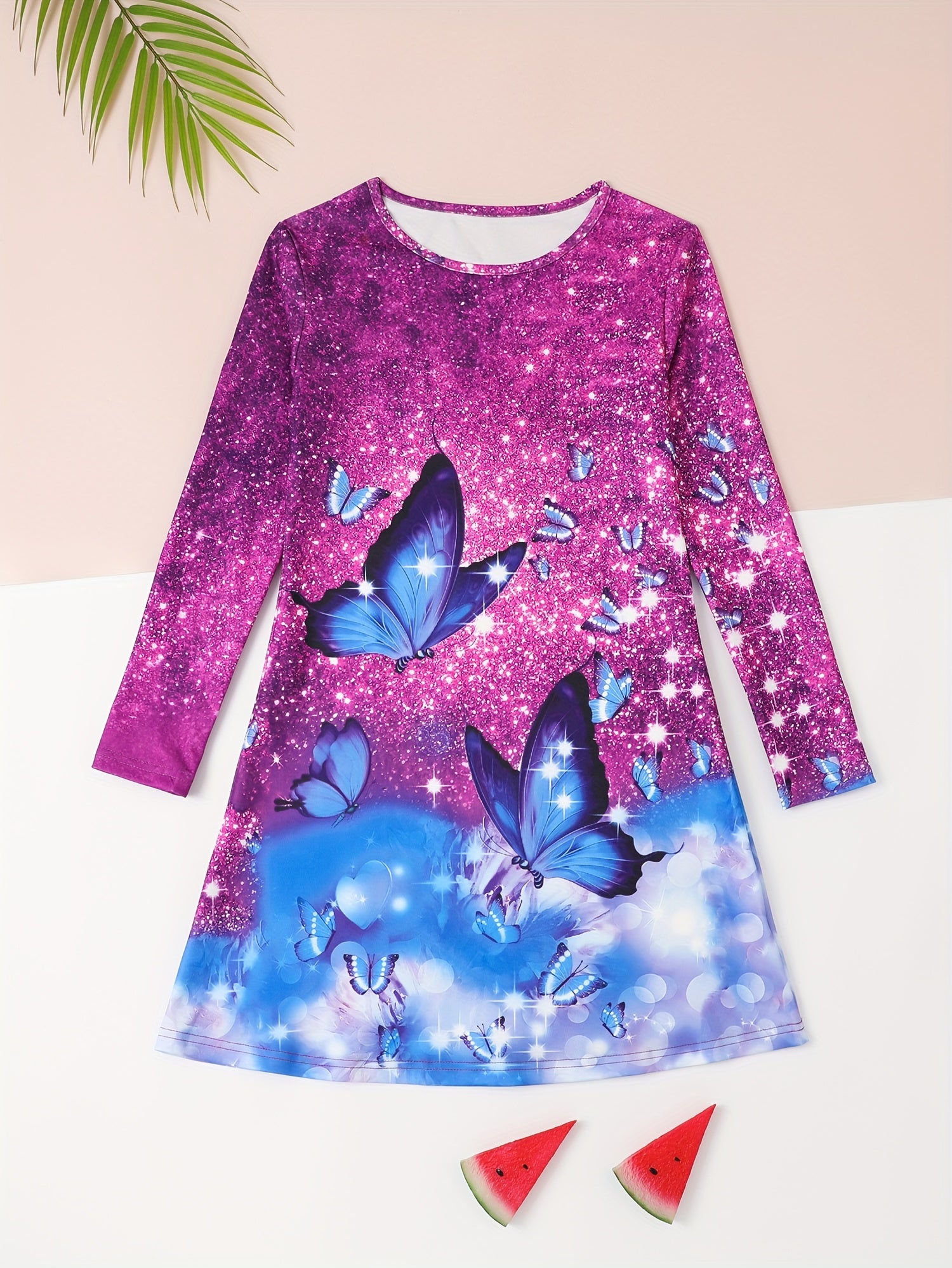 Girls Butterfly Print Long Sleeve Dress Spring Fall Gift Party