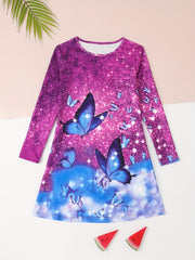 Girls Butterfly Print Long Sleeve Dress Spring Fall Gift Party