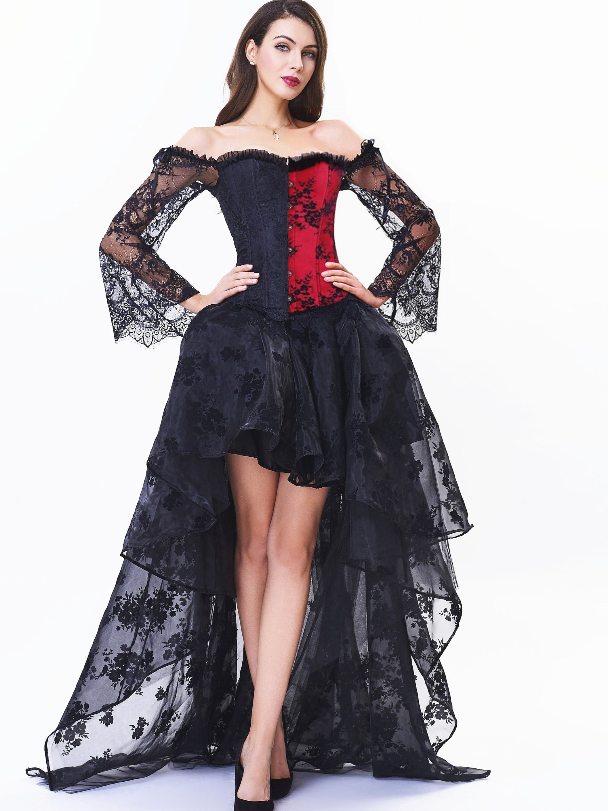 Punk Corset Dress Set Off Shoulder Lace Court Bustier Tops & Low Skirt