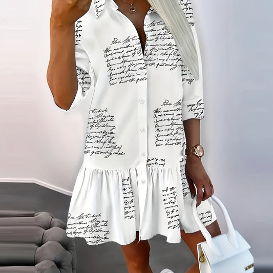 Casual Long Sleeve Button Up Ruffle Trim Shirt Dress