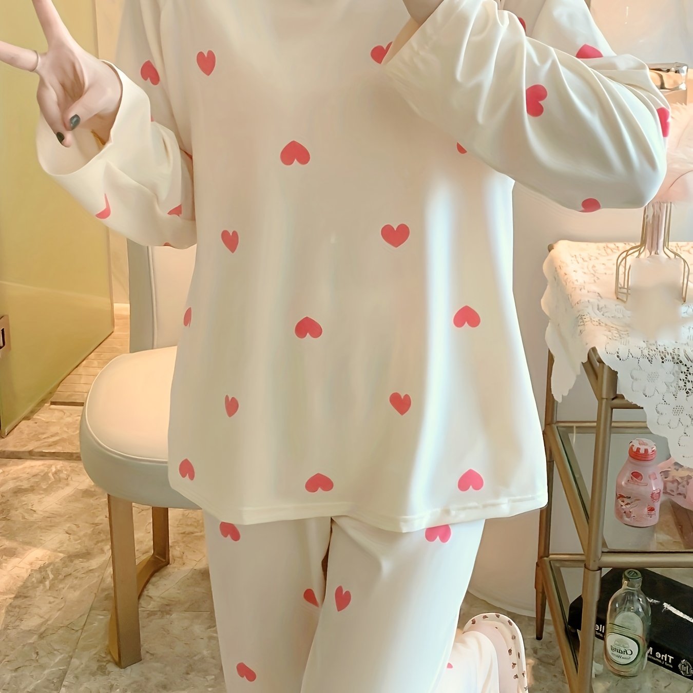 Heart Print Long Sleeve Pajama Set Women's Sleepwear & Loungewear