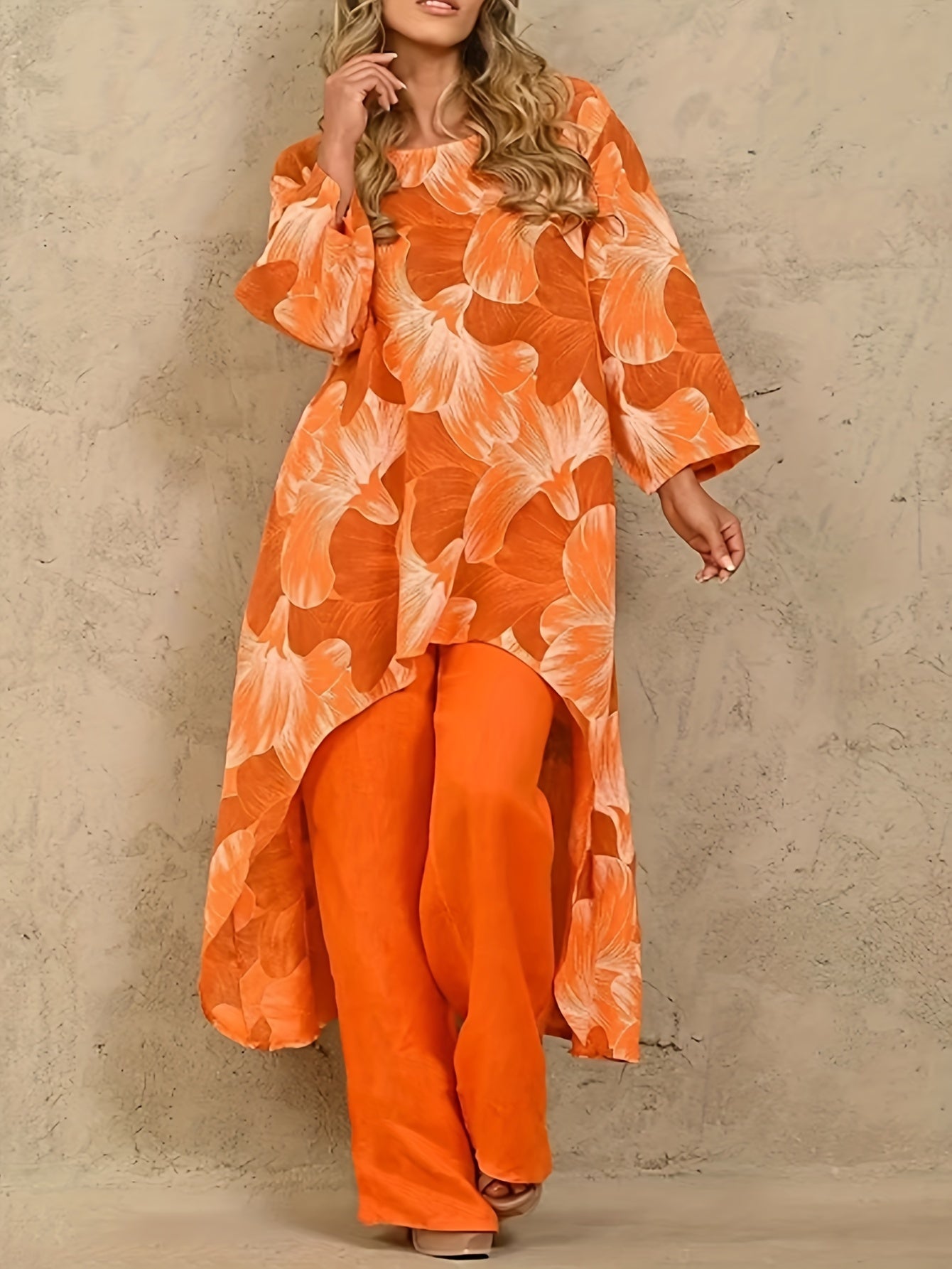 Floral Print Tunic Top & Wide Leg Pants Set