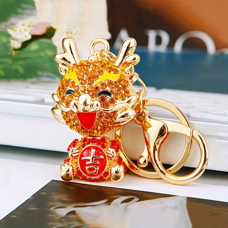 Chinese Dragon Car Key Chain Metal Bag Pendant Keychain Rhinestone Decor