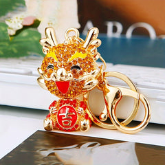 Chinese Dragon Car Key Chain Metal Bag Pendant Keychain Rhinestone Decor