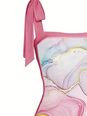 Pink Marble Print Tie Shoulder 2 Piece Swimsuit Set