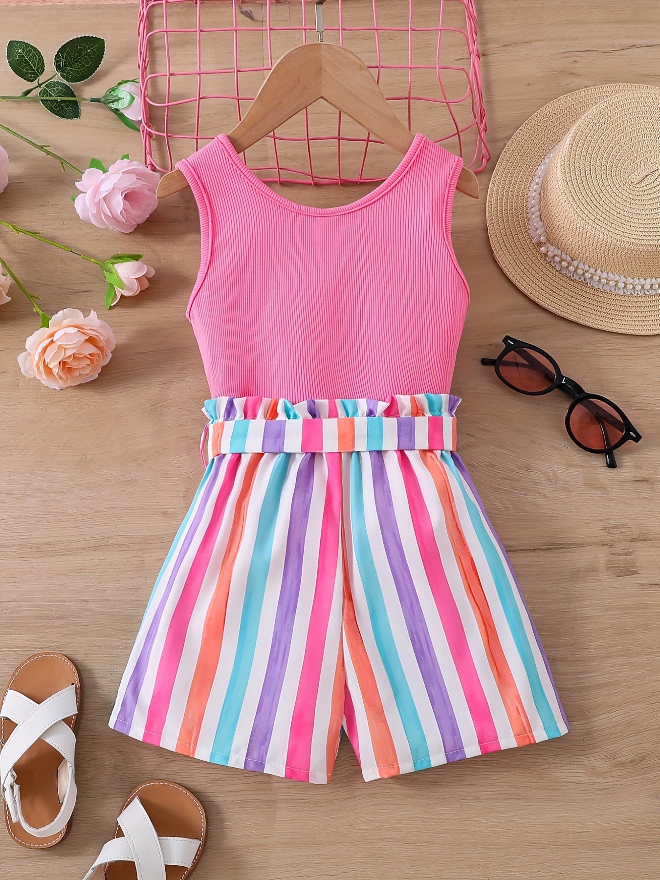 2pcs Toddler Girls Tank Top & Striped Shorts Set Summer Clothes