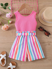 2pcs Toddler Girls Tank Top & Striped Shorts Set Summer Clothes