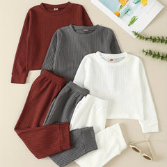 Girl's Waffle Sweatshirt & Sweatpants Set, Casual Outfit for Spring Fall