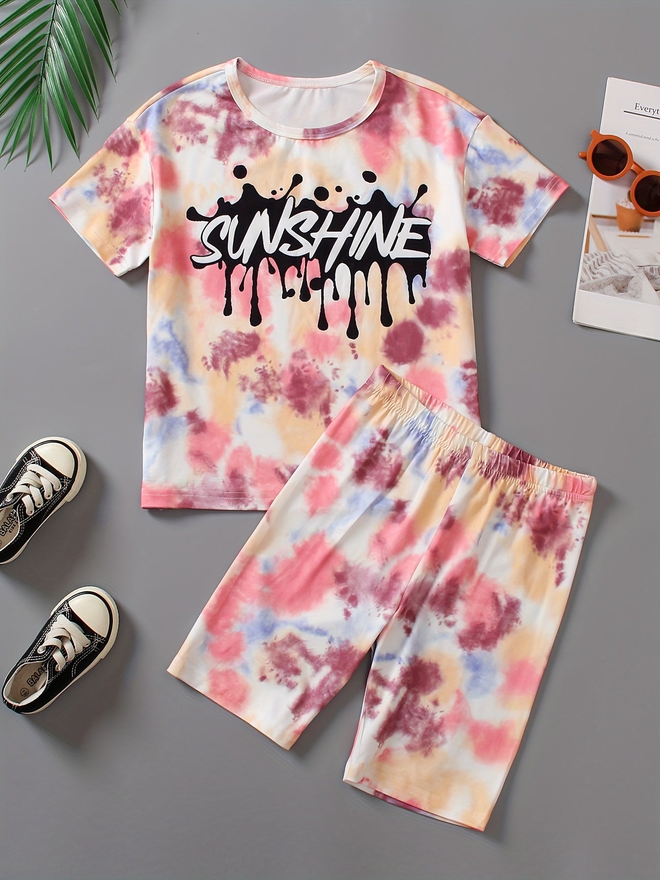Girls 2 Piece Tie Dye Tee Shirt & Biker Shorts Set