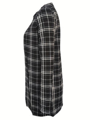 Plaid Print Open Front Jacket Crew Neck Long Sleeve Outerwear