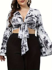 Sexy Blouse Women's Plus Tie Dye Twist Front Bell Sleeve
