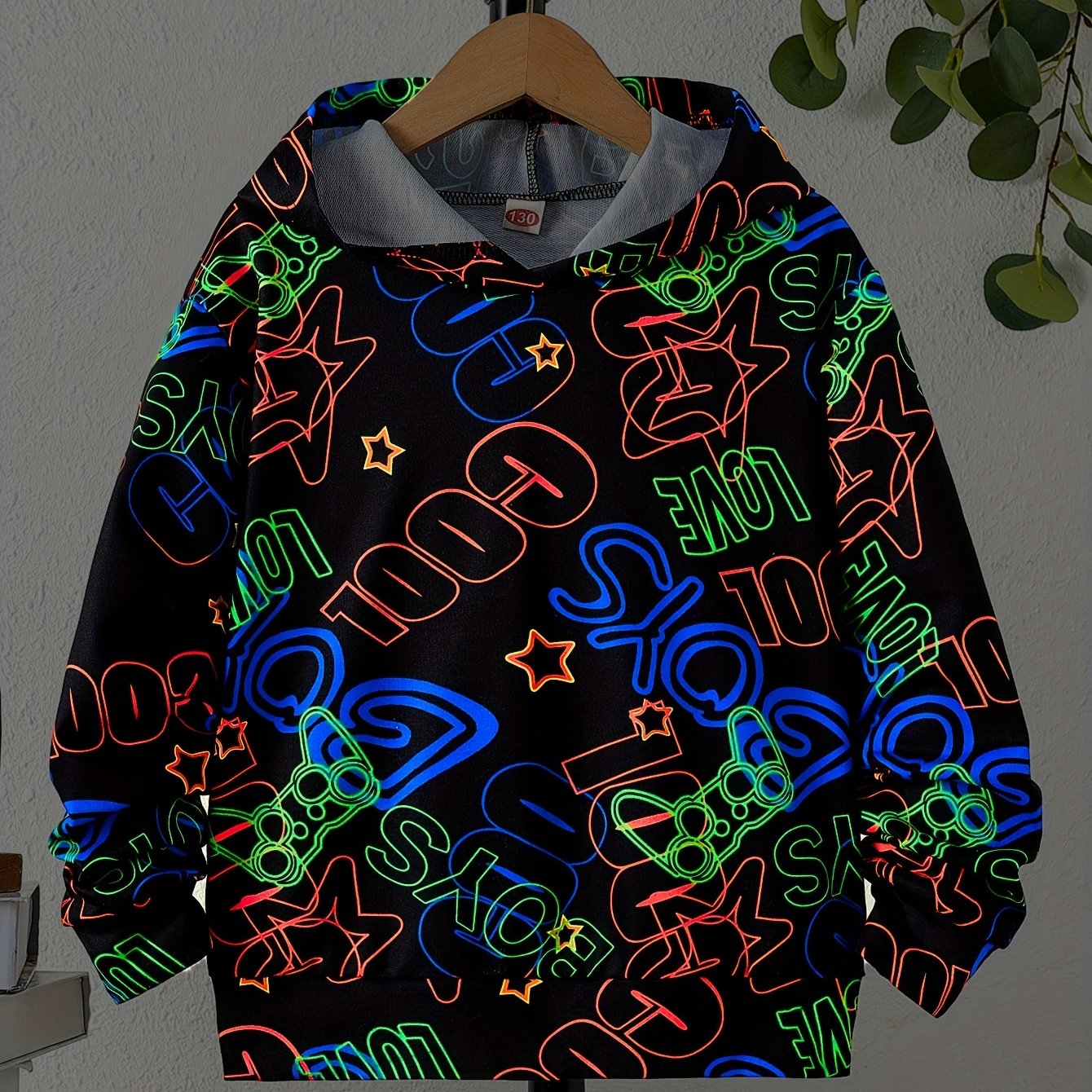 Boys Luminous Letter & Gamepad Print Hooded Sweatshirt
