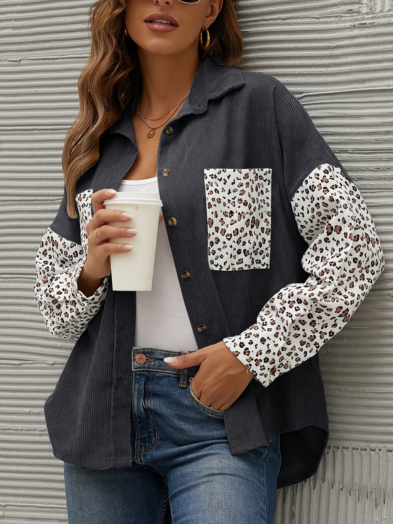 Leopard Print Button Down Coat Lapel Long Sleeve Outerwear
