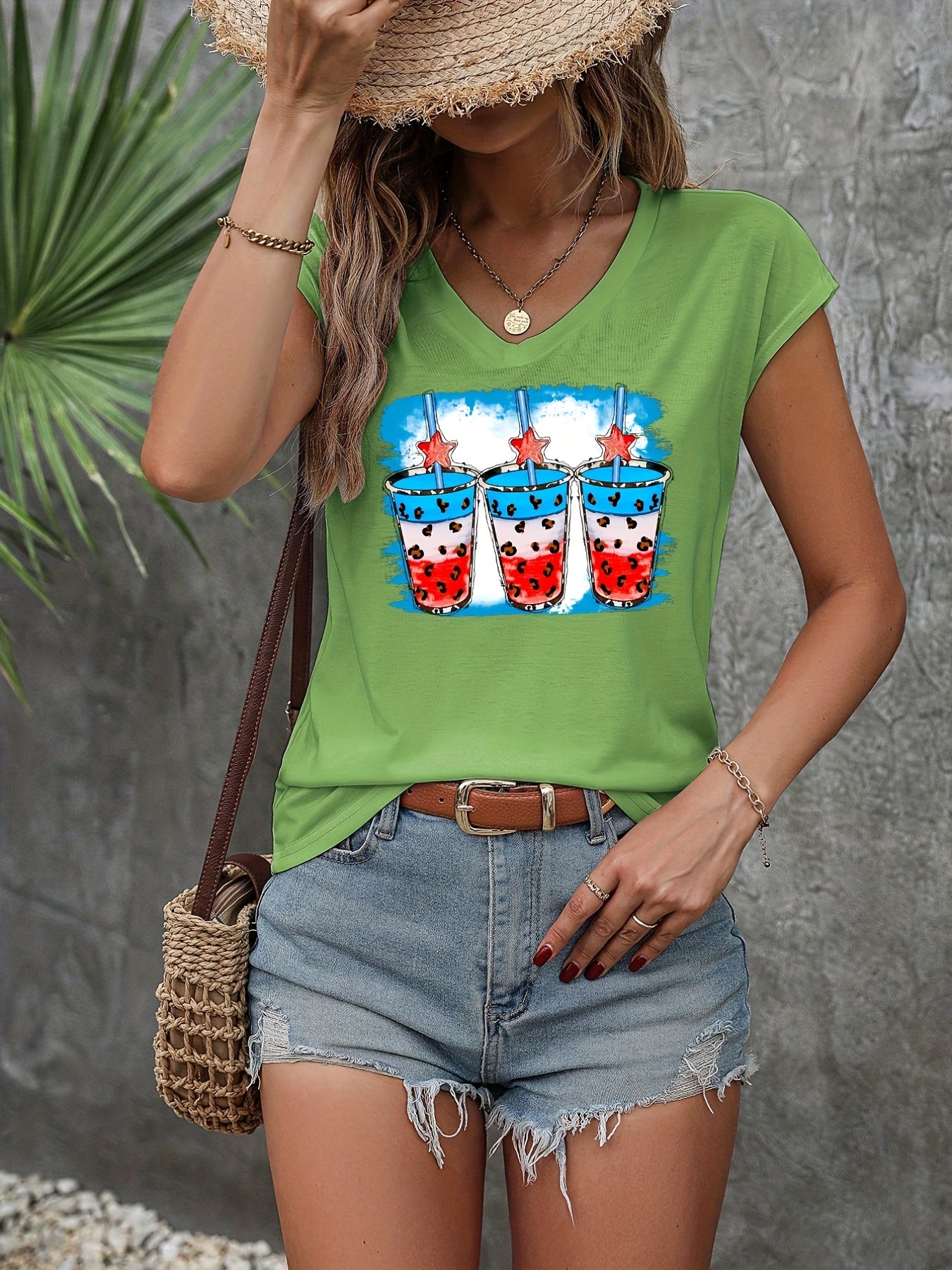 Abstract American Flags Print T shirt Crew Neck Short Sleeve Women's Clothing