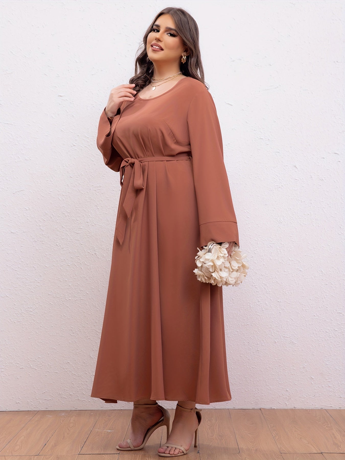 Boho Abaya Dress Women's Plus Solid Long Sleeve Maxi Jalabiya Dress