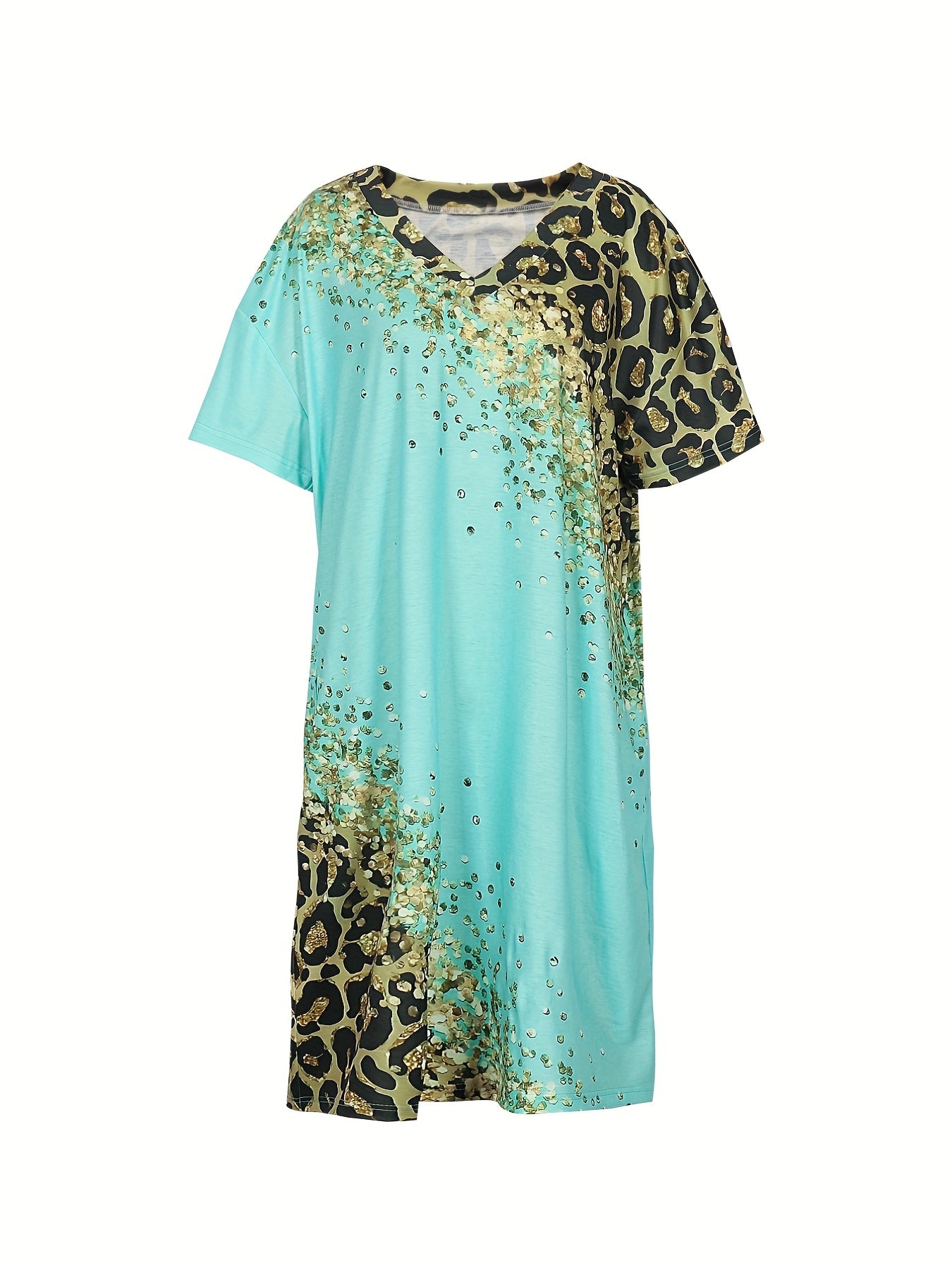 Casual Colorblock Leopard Print Short Sleeve V Neck Dress