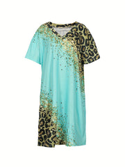 Casual Colorblock Leopard Print Short Sleeve V Neck Dress