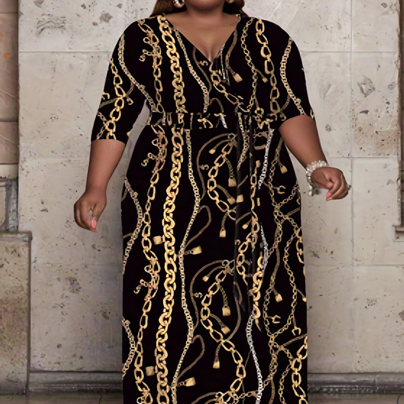 Plus Chain Print Maxi Dress With Belt