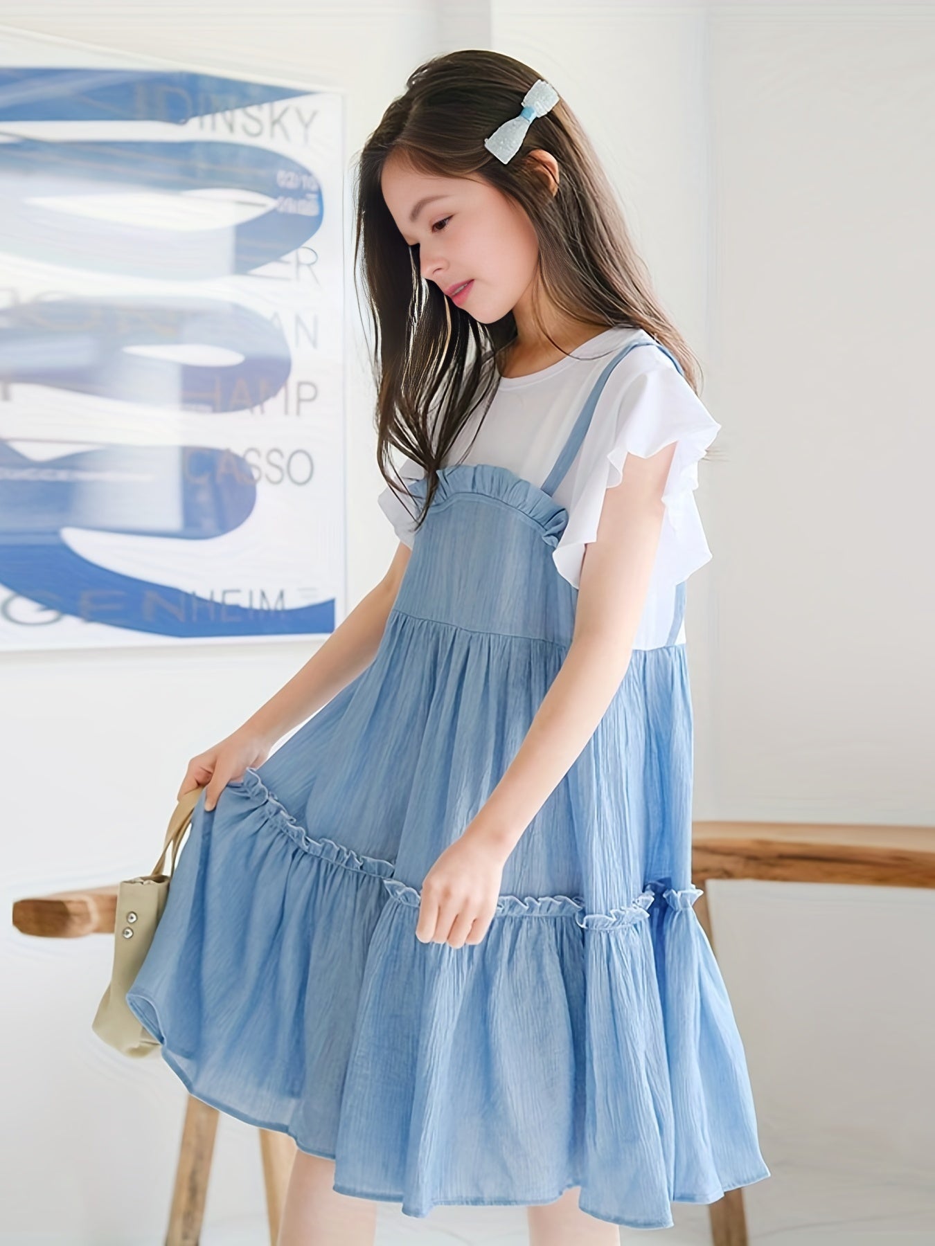 Girl's Cotton Suspenders Skirt Butterfly Sleeves T Shirt Pleated Skirt