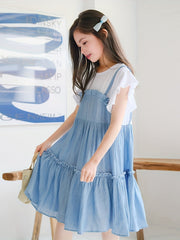 Girl's Cotton Suspenders Skirt Butterfly Sleeves T Shirt Pleated Skirt