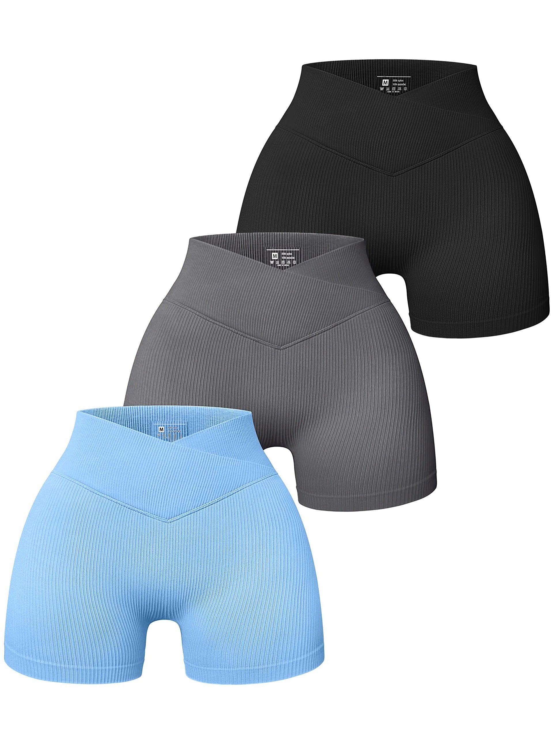 3pcs Cross Waist Ribbed Yoga Shorts Seamless Workout High Waist