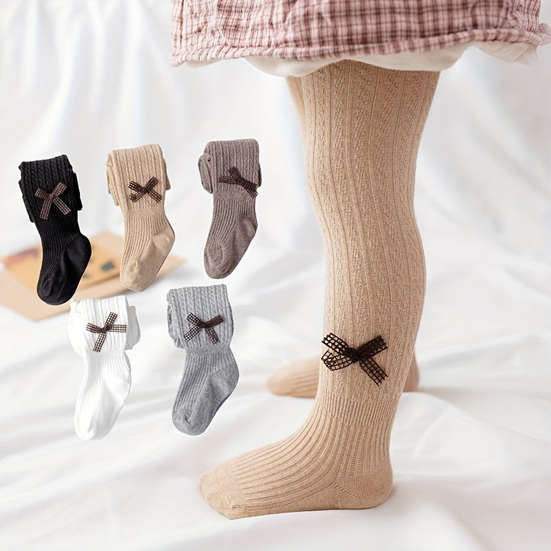 Girls Bow Decor Ribbed Knit Pantyhose Soft Tights Leggings Pants