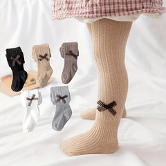 Girls Bow Decor Ribbed Knit Pantyhose Soft Tights Leggings Pants