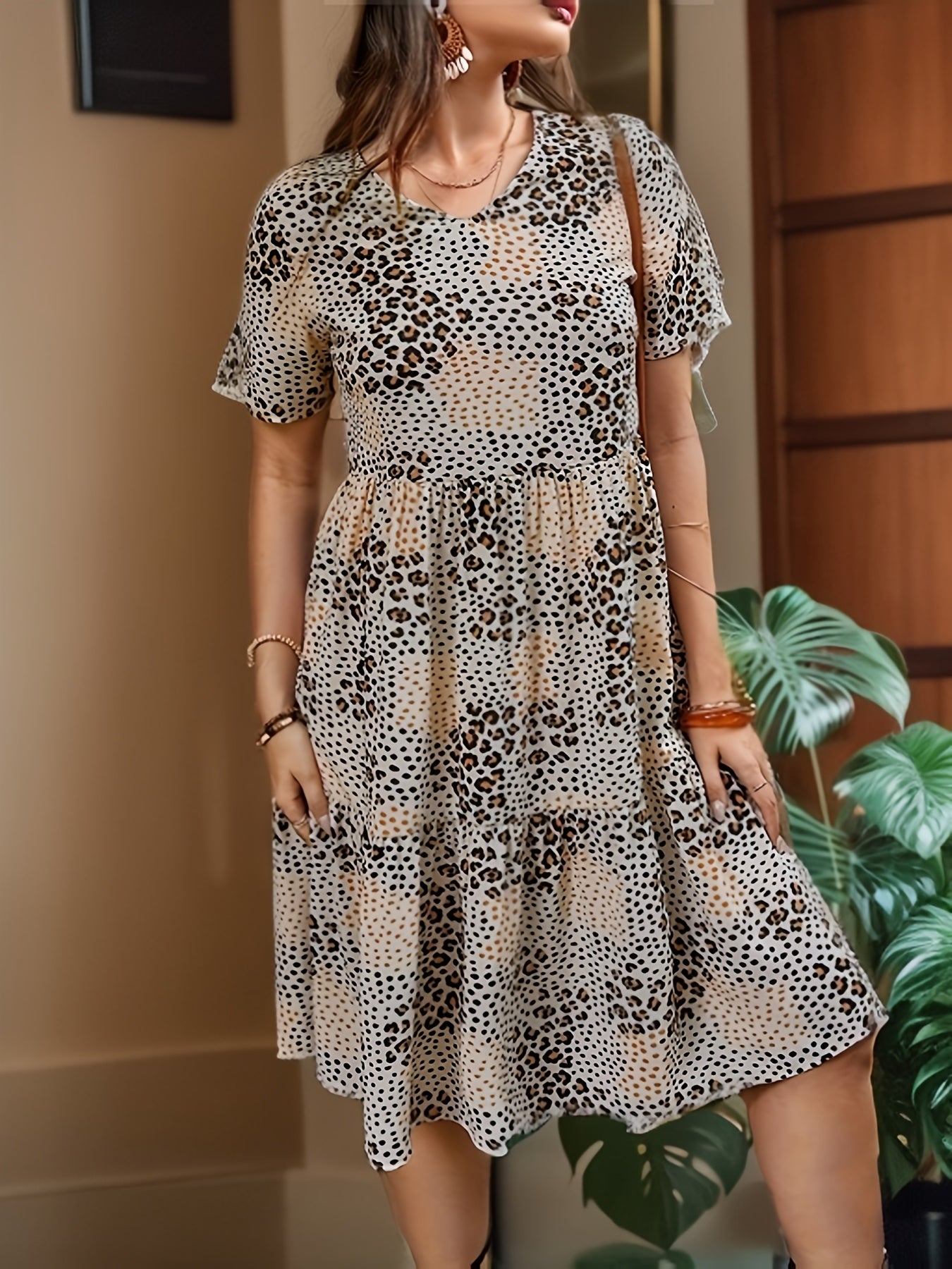 Leopard Print V Neck Dress Casual Short Sleeve Loose Dress
