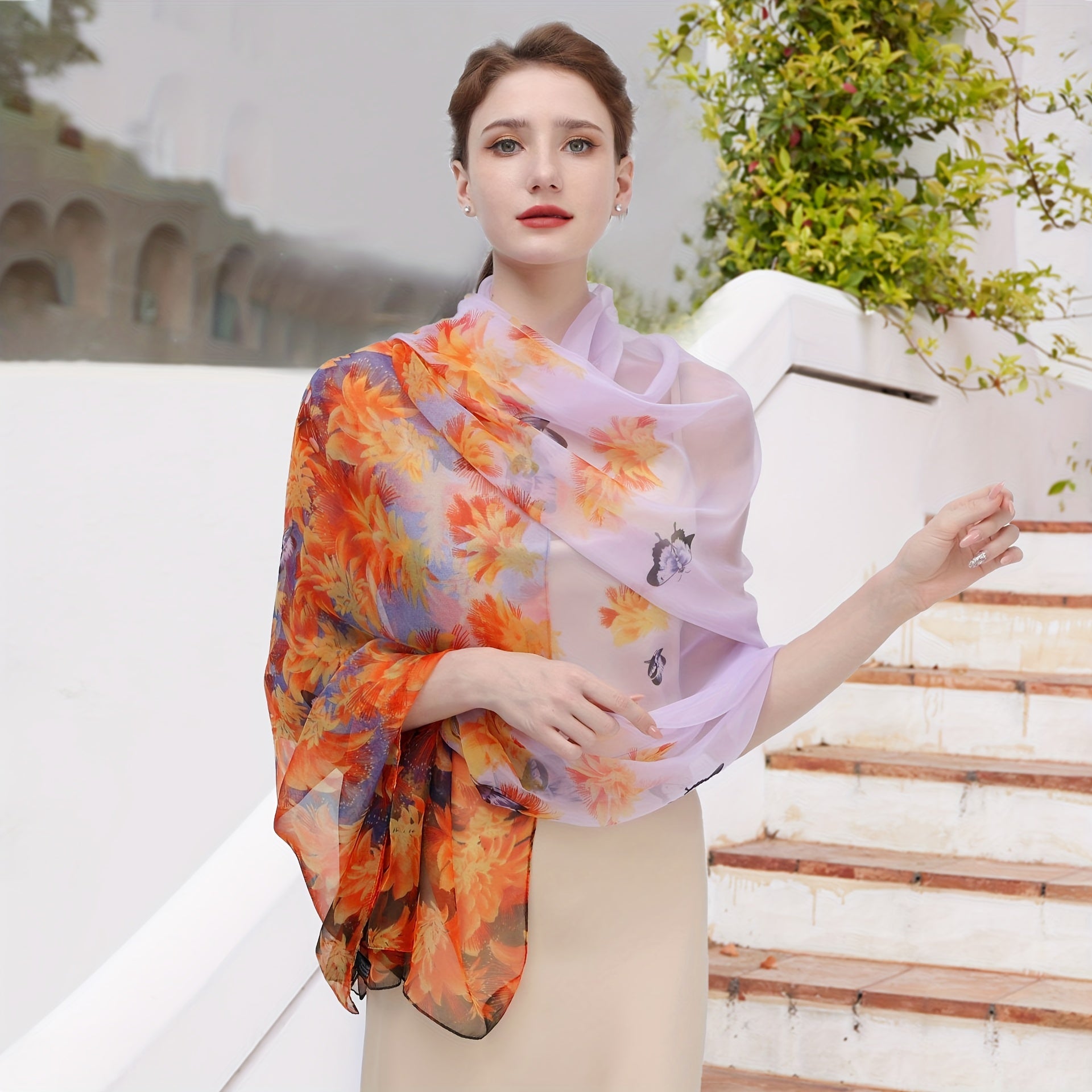 Tropical Floral Printed Silk Scarf Wrap Head Wrap Gift for Mother