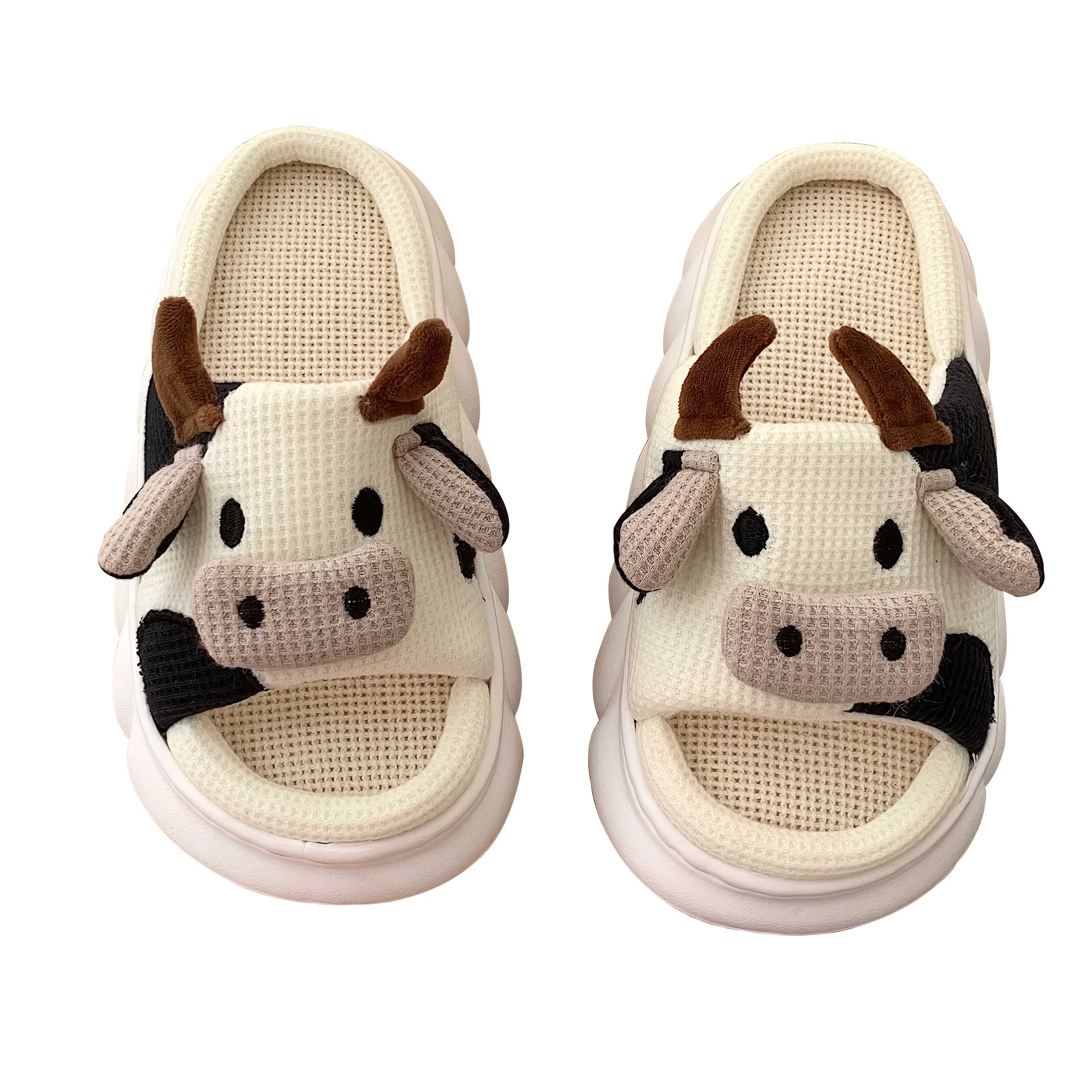 Cartoon Cow Indoor Slippers Open Toe Linen Platform Shoes