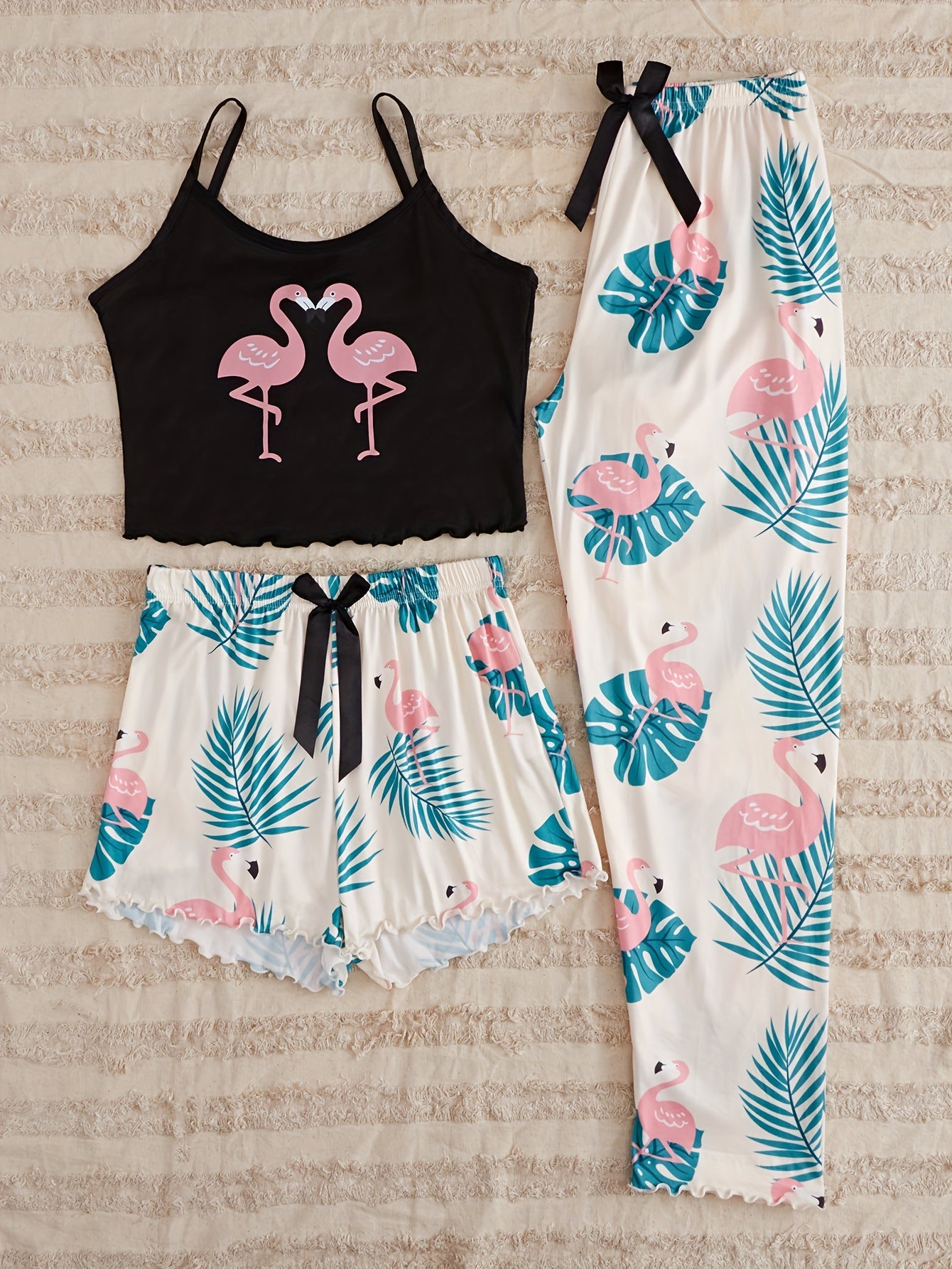 Flamingo Print Pajama Set Cami Top & Shorts & Pants