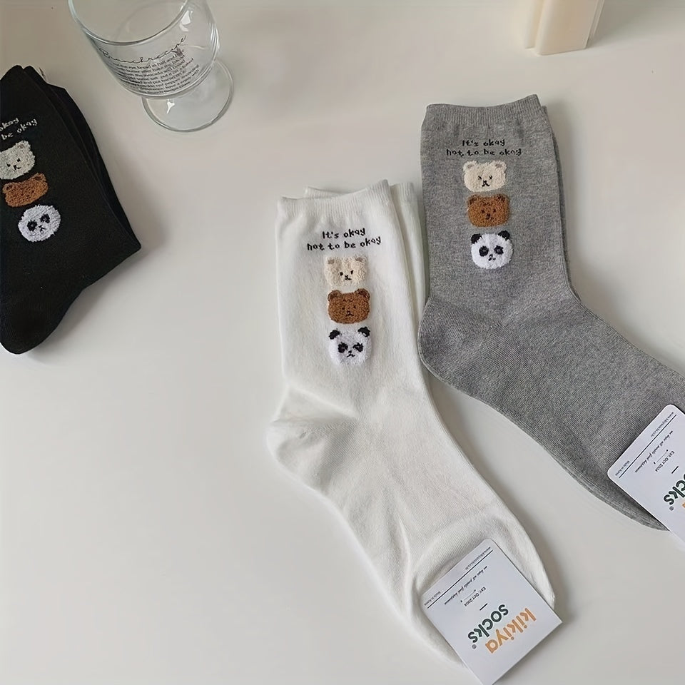 3 Pairs Cartoon Bear Print Socks All-match Sports Socks Women's Stockings