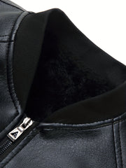 Men's Fleece Faux Leather Jacket - Zip Up Lapel - Fall/Winter