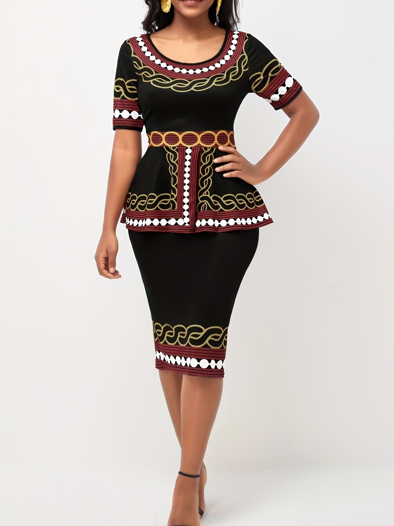 Abstract Print Casual Two Piece Set Short Sleeve Tops & Midi Skirts