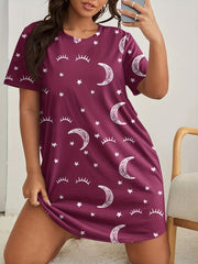 Eyelash & Moon Print Nightdress Short Sleeve Round Neck Sleep Dress