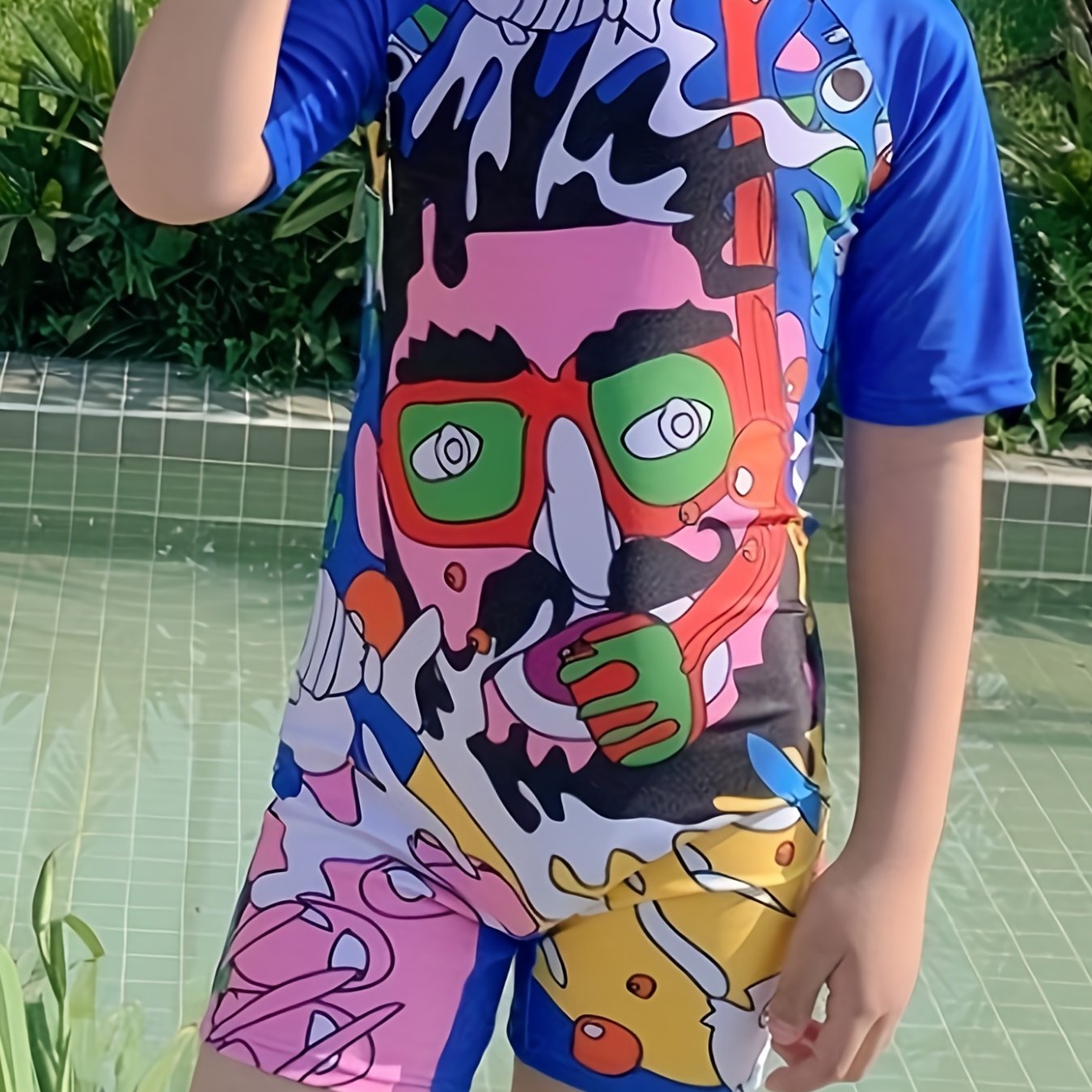Abstract Art Printed Short Sleeve Swimsuit for Boys