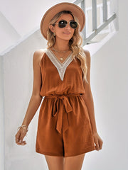 Guipure Lace Tie Waist Romper Sleeveless V neck Jumpsuit