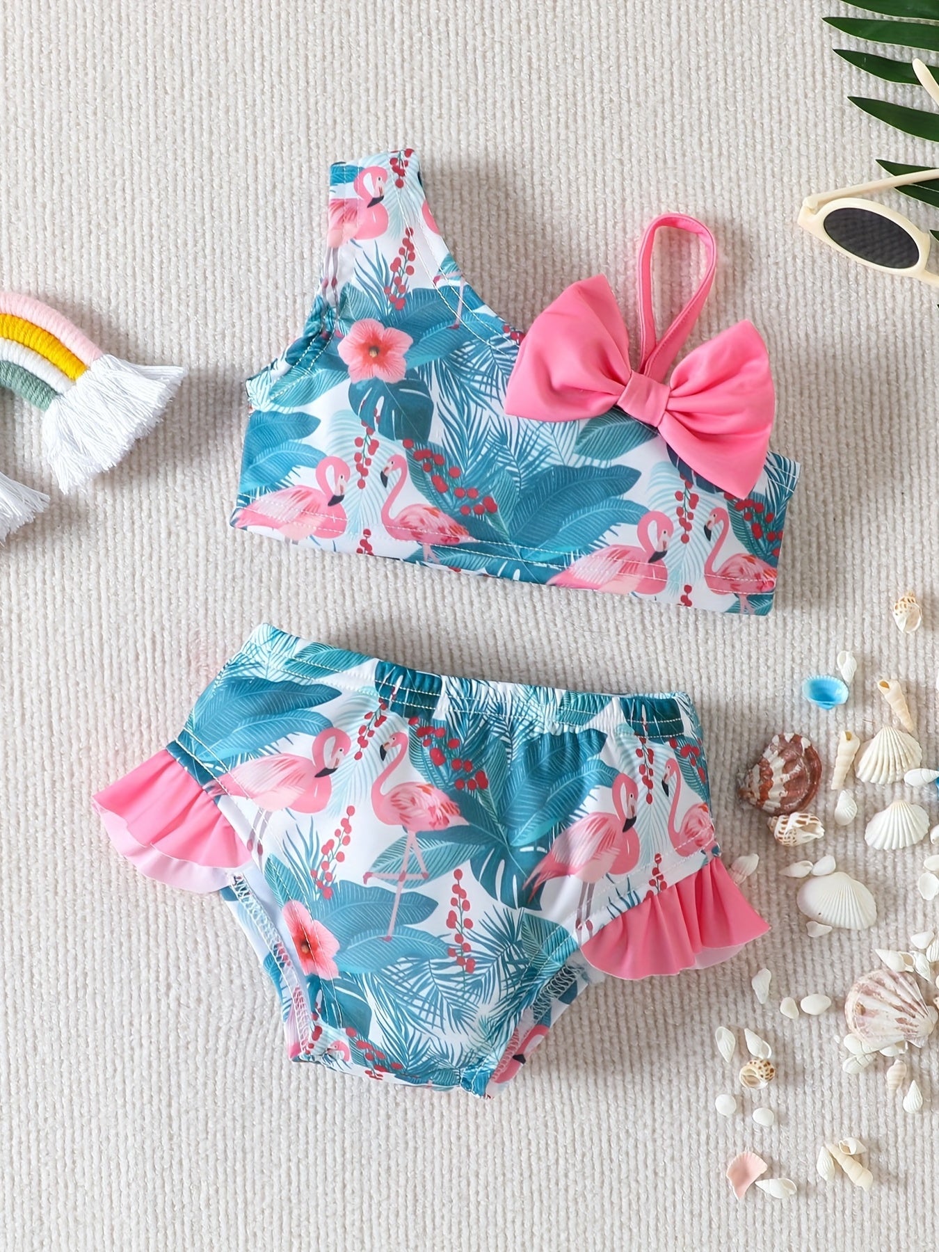Girls Flamingo Print Bikini Swimsuit Set Ruffle Bow Decor Beach Vacation