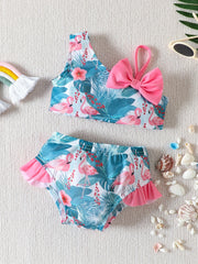 Girls Flamingo Print Bikini Swimsuit Set Ruffle Bow Decor Beach Vacation