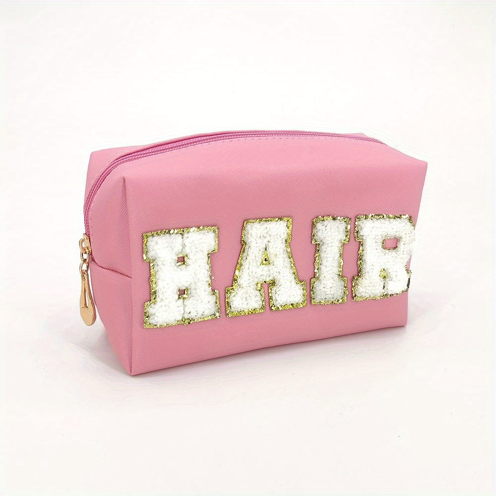 Chenille Letter Preppy Patch Makeup Bag Waterproof PU Leather Cosmetic Bag