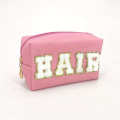 Chenille Letter Preppy Patch Makeup Bag Waterproof PU Leather Cosmetic Bag