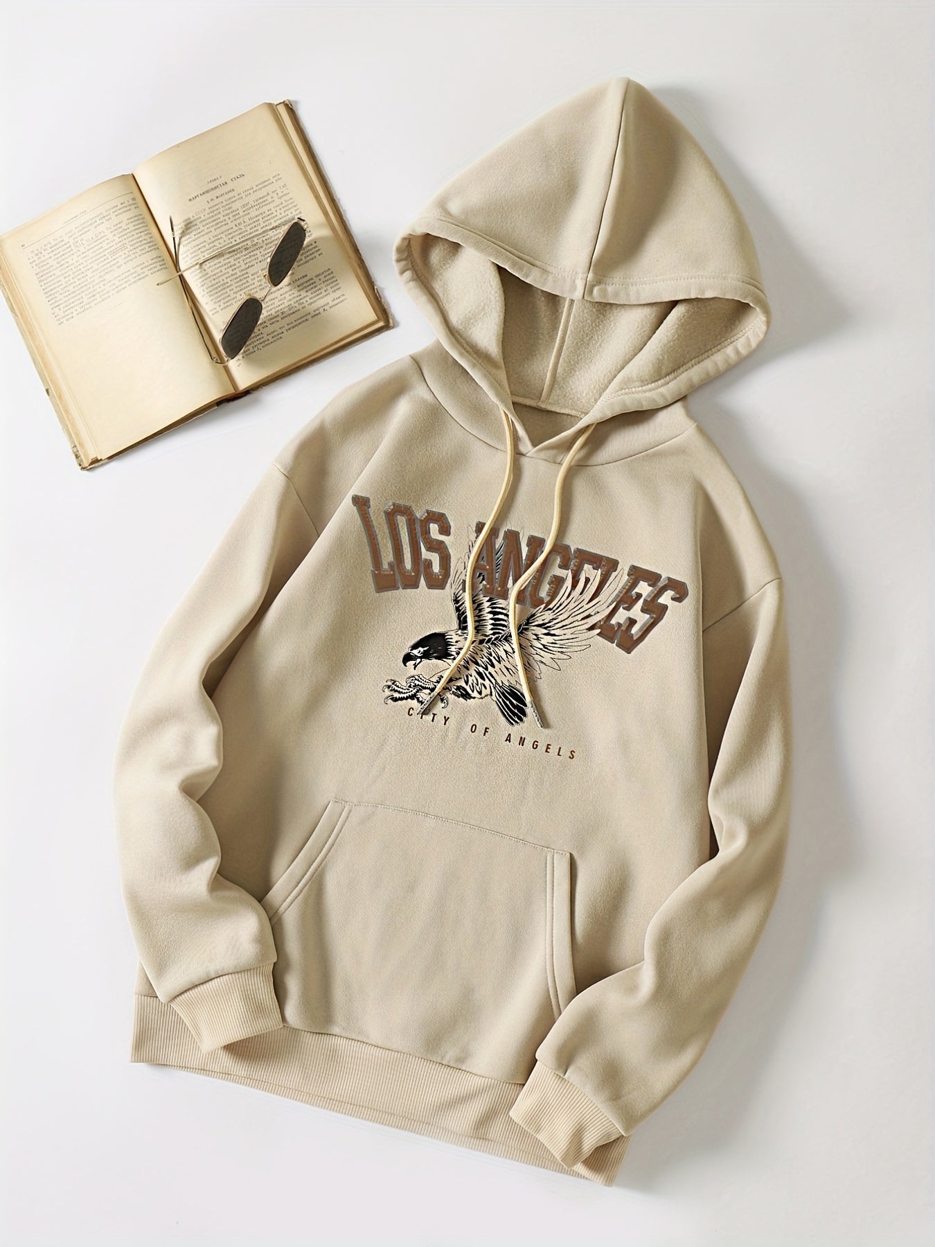 Letter & Eagle Print Drawstring Sweater Kangaroo Pocket Hoodie