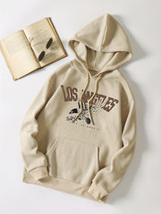 Letter & Eagle Print Drawstring Sweater Kangaroo Pocket Hoodie