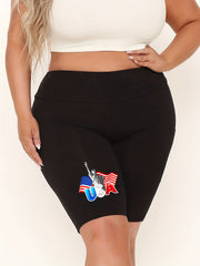 Women's Plus Flag & Letter Print High Rise Biker Shorts