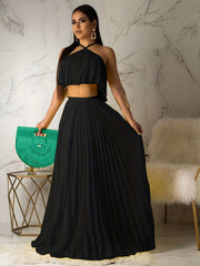 Pleated Two-Piece Set Spaghetti Top & Maxi Skirt Women's Outfit