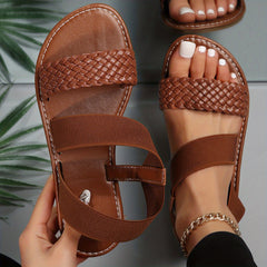 Women's Braided Strap Flat Sandals Open Toe Elastic Slip On Shoes